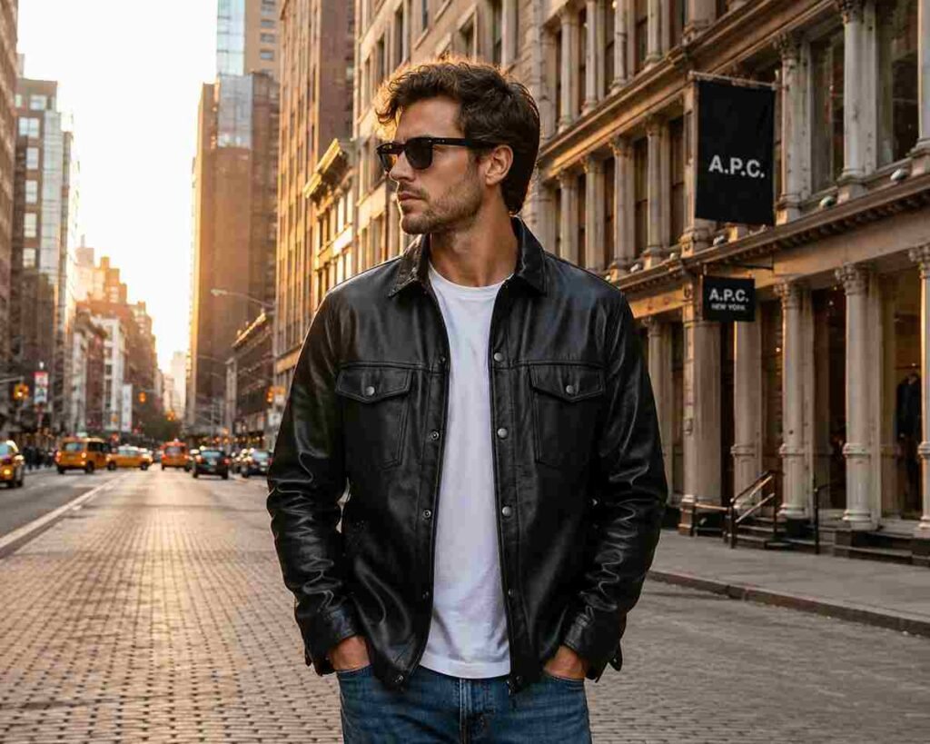 Stylish leather shirt jacket men outfit for casual everyday fashion.